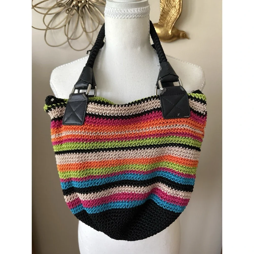 The Sak Multicolor Crochet Knit Hobo Shoulder Bag Boho Striped Handbag